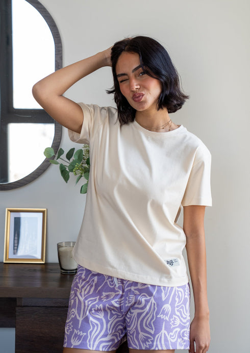Women Summer Pajama set Creamy T-shirt + Mauve Flowers Short
